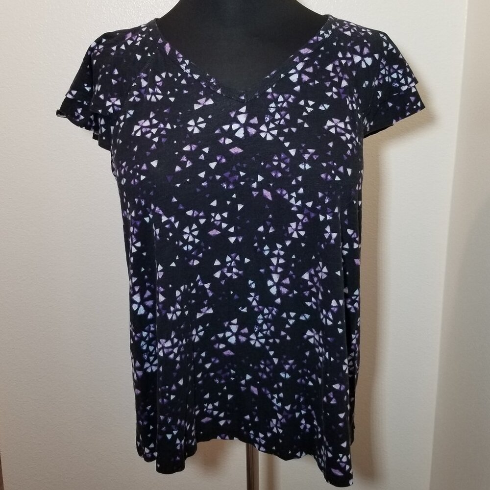 Lane Bryant V Neck Black‎ Purple Ruffle Flutter Sleeve Shirt Womens 14/16 Retro